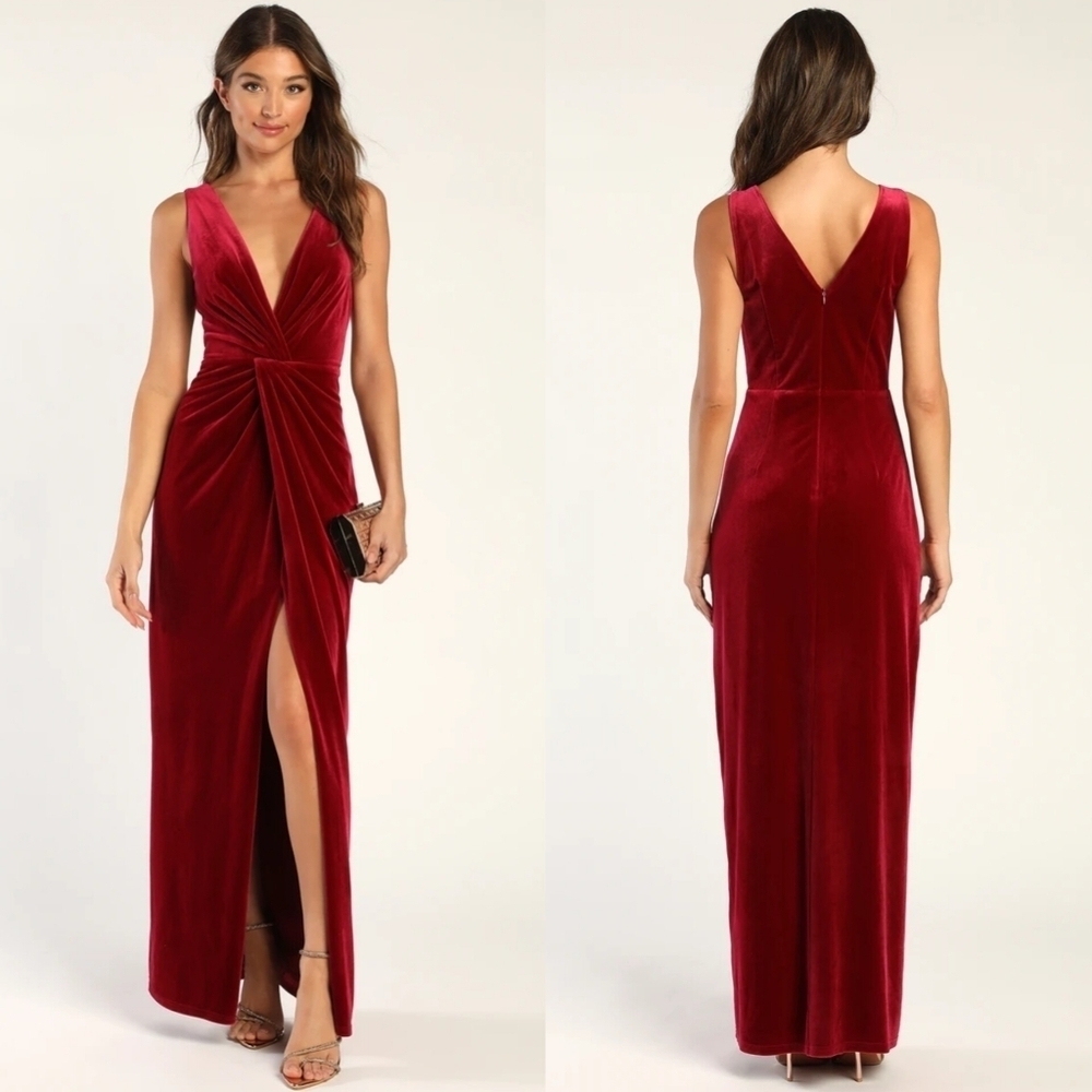 Lulus Beautiful Evenings Wine Red Velvet Twist-Front Maxi Dress M Wedding Party